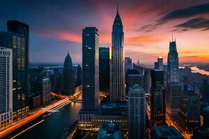 el chicago horizonte a puesta de sol. generado por ai foto