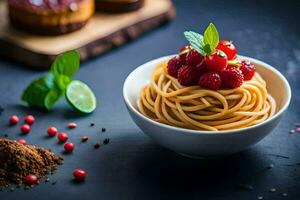 spaghetti with raspberries and mint leaves in a bowl. AI-Generated photo