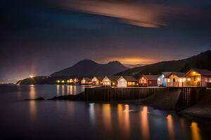 a night shot of houses on the shore of a lake. AI-Generated photo