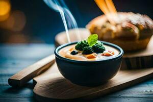 a bowl of soup with a piece of bread on a wooden table. AI-Generated photo