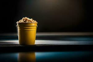 a yellow cup filled with popcorn sitting on a table. AI-Generated photo