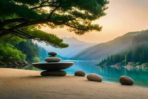 el lago es rodeado por rocas y arboles generado por ai foto