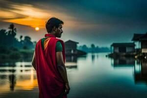 un hombre en rojo en pie en frente de un río. generado por ai foto