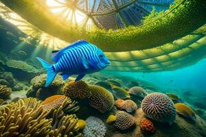 a blue fish swims in the ocean with coral reefs. AI-Generated photo