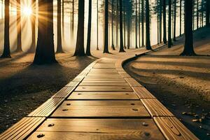 a wooden path leads through the woods at sunrise. AI-Generated photo