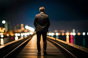 a man in a suit stands on a train track at night. AI-Generated photo