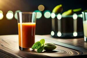 un vaso de naranja jugo con un Lima en un mesa. generado por ai foto