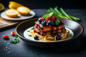 the food is served in a bowl with a wooden spoon. AI-Generated photo