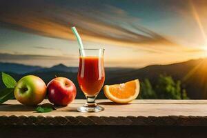 manzana jugo y naranjas en un mesa con un puesta de sol en el antecedentes. generado por ai foto