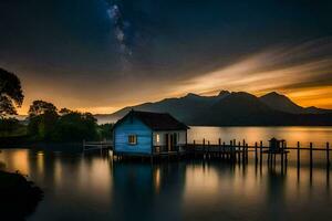 un pequeño casa se sienta en el apuntalar de un lago a puesta de sol. generado por ai foto