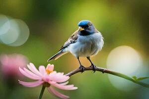 un pequeño pájaro es sentado en un rama con un rosado flor. generado por ai foto