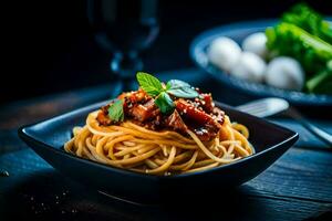 spaghetti with meat sauce and vegetables on a black plate. AI-Generated photo