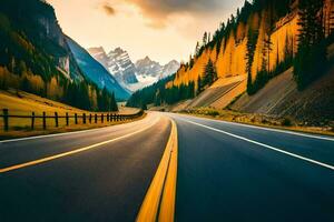 a road in the mountains with trees and mountains in the background. AI-Generated photo