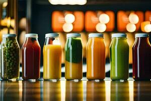 a row of bottles of different colored juices. AI-Generated photo