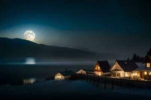 a moonlit lake and houses at night. AI-Generated photo