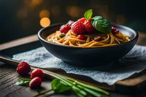 spaghetti with raspberries and basil on a wooden table. AI-Generated photo