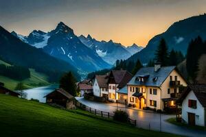 foto fondo de pantalla el cielo, montañas, lago, casa, montañas, casa, el Alpes,. generado por ai