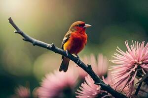 a red bird is perched on a branch with pink flowers. AI-Generated photo