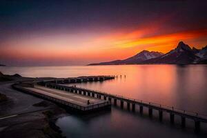 un muelle en el medio de un lago con montañas en el antecedentes. generado por ai foto