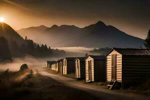 a road leading to a row of wooden huts in the mountains. AI-Generated photo