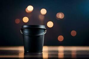 a black bucket sitting on a table with bokeh lights. AI-Generated photo