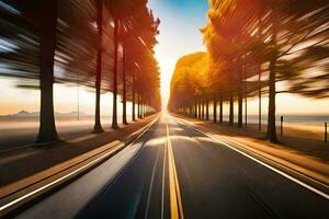 a blurry image of a road with trees in the background. AI-Generated photo
