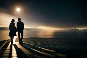 un Pareja caminando en un muelle a puesta de sol. generado por ai foto