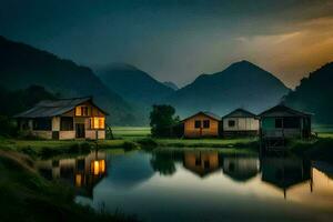 photo wallpaper the sky, mountains, house, the moon, the water, the mountains, the. AI-Generated