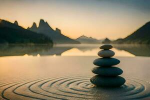 stacked stones in the water at sunset. AI-Generated photo