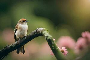 a small bird sits on a branch in front of pink flowers. AI-Generated photo