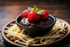 chocolate pudding with strawberries and a bowl of chips. AI-Generated photo