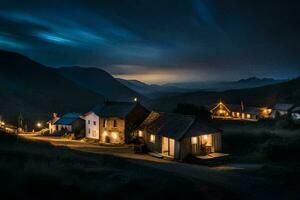 a village at night with lights on the houses. AI-Generated photo