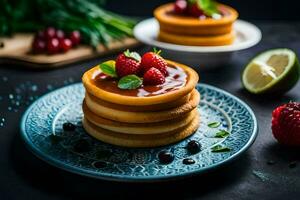 stack of pancakes with berries and mint leaves. AI-Generated photo