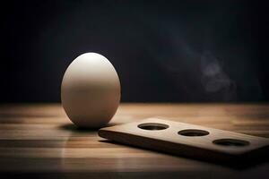 un huevo se sienta en un de madera mesa siguiente a un de madera huevo bandeja. generado por ai foto