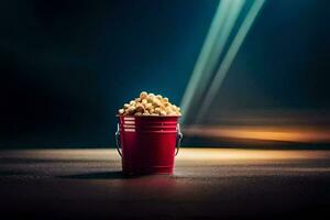 a bucket of popcorn on a table. AI-Generated photo