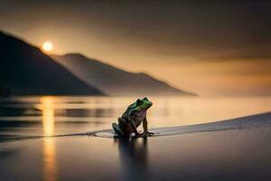 un rana se sienta en el playa a puesta de sol. generado por ai foto