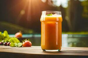 un vaso de naranja jugo en un mesa. generado por ai foto