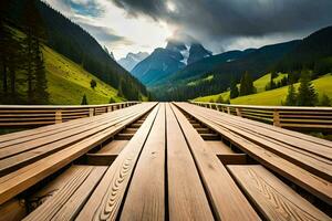 wooden bridge over a green valley with mountains in the background. AI-Generated photo