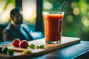 a glass of juice with strawberries and a man in the background. AI-Generated photo