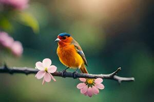 foto fondo de pantalla el pájaro, flores, primavera, el sol, el flores, el pájaro, el. generado por ai