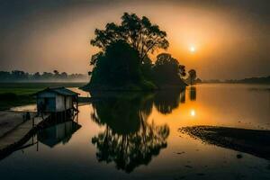 the sun rises over a lake and a small house. AI-Generated photo