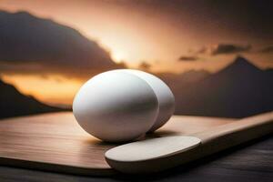 two eggs on a cutting board with a sunset in the background. AI-Generated photo