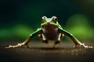 a frog is standing on the ground with its legs spread. AI-Generated photo