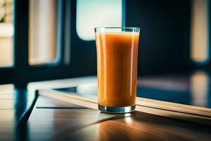 a glass of orange juice sitting on a table. AI-Generated photo