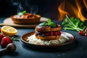 a hamburger with spaghetti and strawberries on a plate. AI-Generated photo