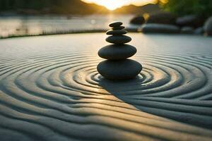 a stack of rocks sitting on top of a sandstone surface. AI-Generated photo