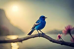 a blue bird sits on a branch near a lake. AI-Generated photo