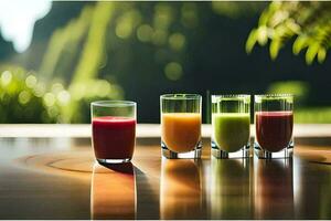 cinco diferente tipos de jugos son forrado arriba en un mesa. generado por ai foto