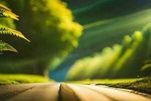 photo wallpaper the road, trees, grass, sun, light, green, nature, the road. AI-Generated