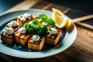 a plate of tofu with lemon and herbs. AI-Generated photo